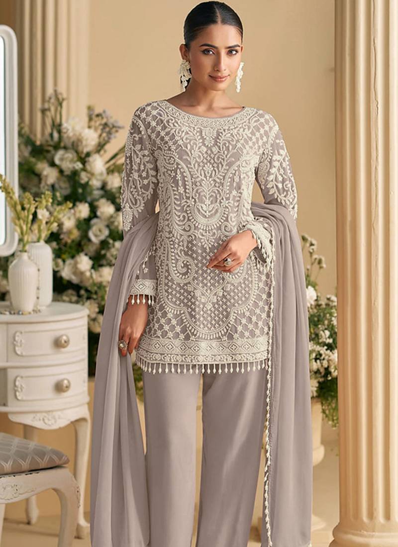 Light grey faux georgette embroidered readymade straight pant suit