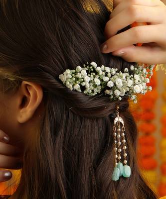 Mint green stones kundan crescent hair tassel 1