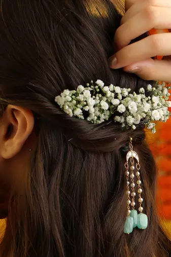 Mint green stones kundan crescent hair tassel