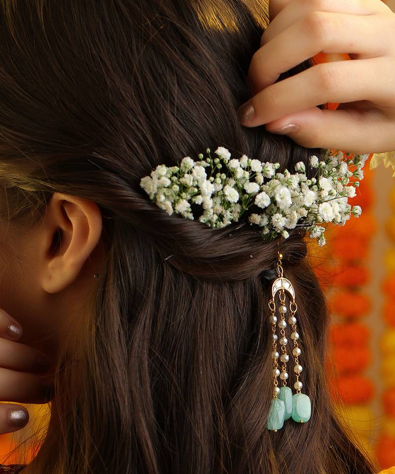 Mint green stones kundan crescent hair tassel