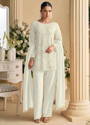 White faux georgette embroidered readymade straight pant suit 1
