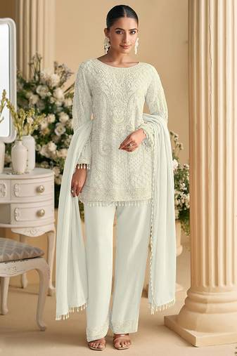 White faux georgette embroidered readymade straight pant suit