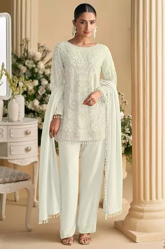 White faux georgette embroidered readymade straight pant suit