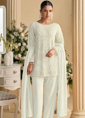 White faux georgette embroidered readymade straight pant suit 2
