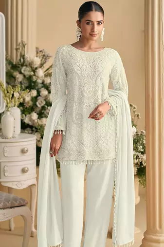White faux georgette embroidered readymade straight pant suit