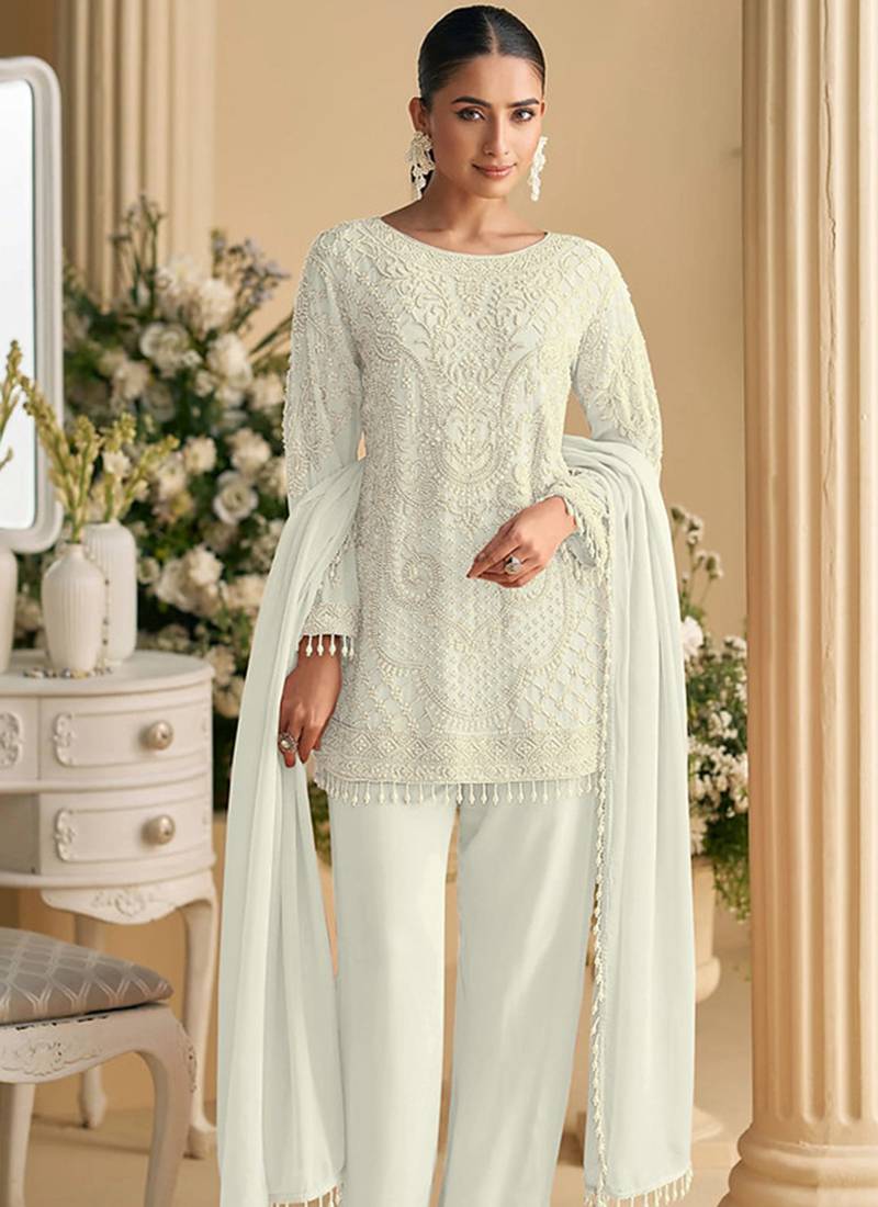 White faux georgette embroidered readymade straight pant suit