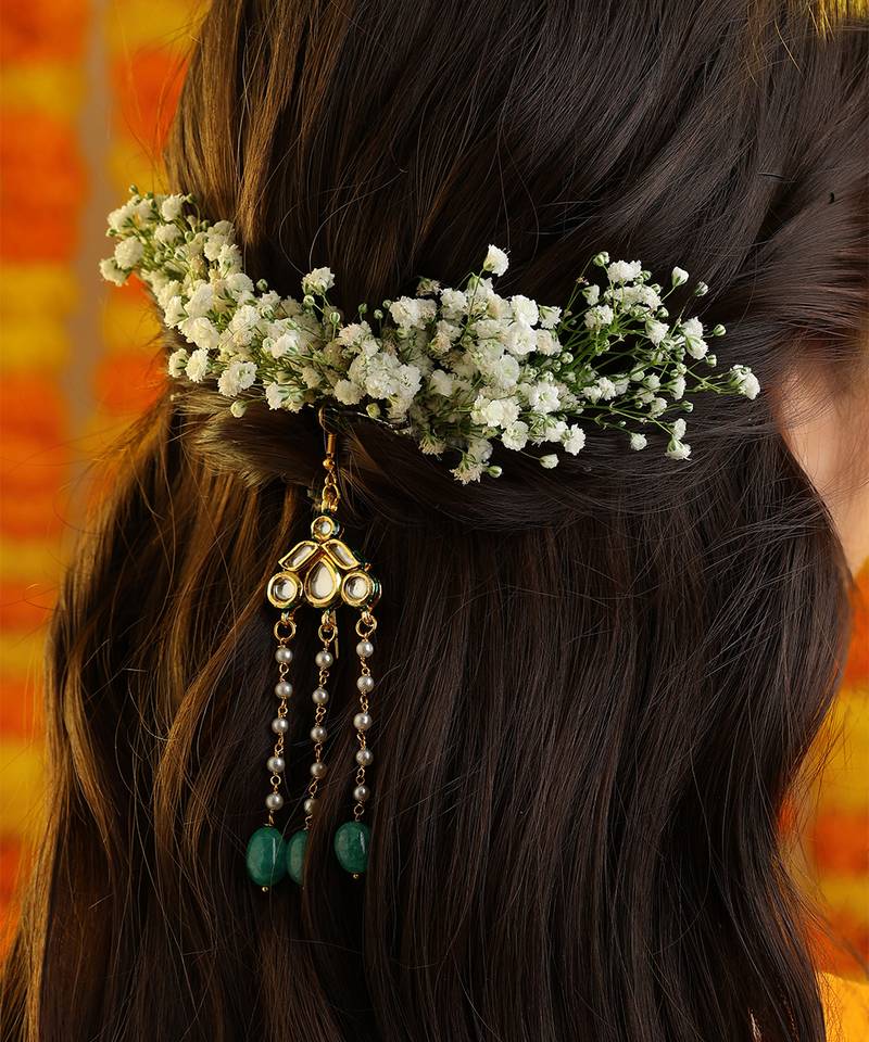 Green stones polki pendant beaded hair tassel