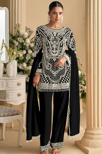 Black faux georgette embroidered readymade straight pant suit
