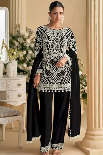 Black faux georgette embroidered readymade straight pant suit