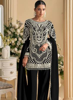 Black faux georgette embroidered readymade straight pant suit 2