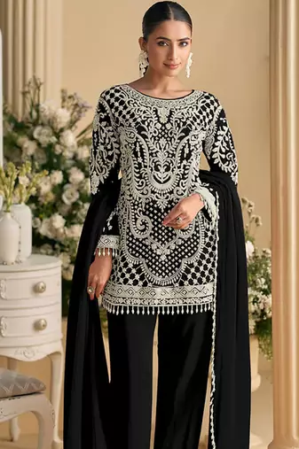Black faux georgette embroidered readymade straight pant suit