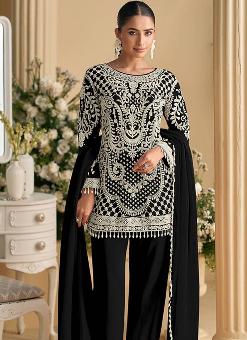 Black faux georgette embroidered readymade straight pant suit