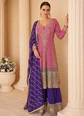 Hot pink & purple faux georgette readymade palazzo suit 1