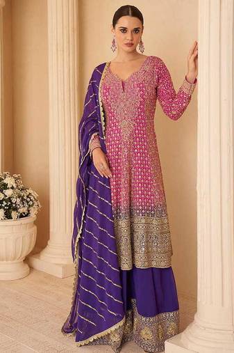 Hot pink & purple faux georgette readymade palazzo suit