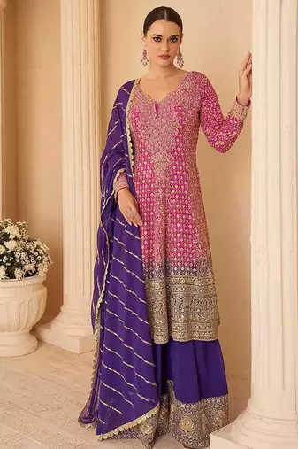 Hot pink & purple faux georgette readymade palazzo suit