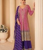Hot pink & purple faux georgette readymade palazzo suit