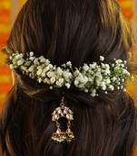 White beaded green stones kundan hair pin
