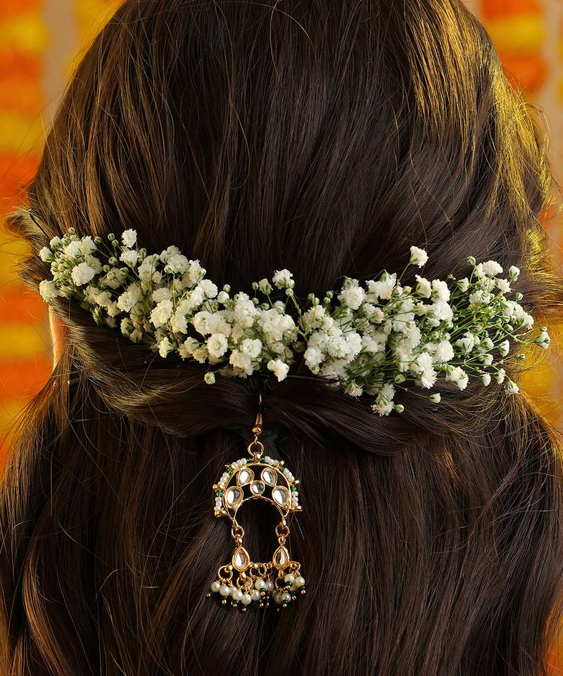White beaded green stones kundan hair pin