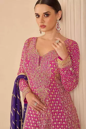 Hot pink & purple faux georgette readymade palazzo suit