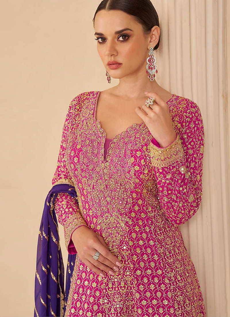 Hot pink & purple faux georgette readymade palazzo suit