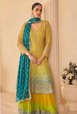 Mustard & teal faux georgette readymade palazzo suit 1