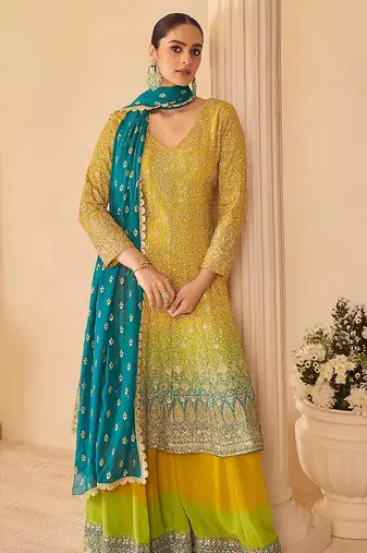 Mustard & teal faux georgette readymade palazzo suit