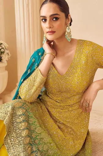 Mustard & teal faux georgette readymade palazzo suit