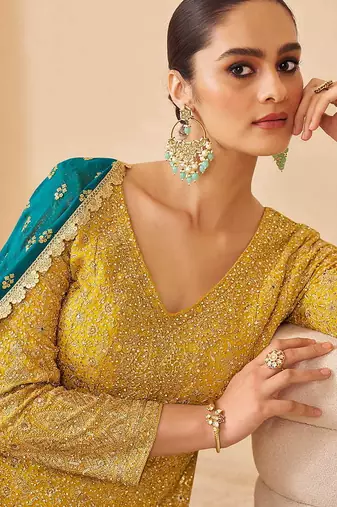 Mustard & teal faux georgette readymade palazzo suit