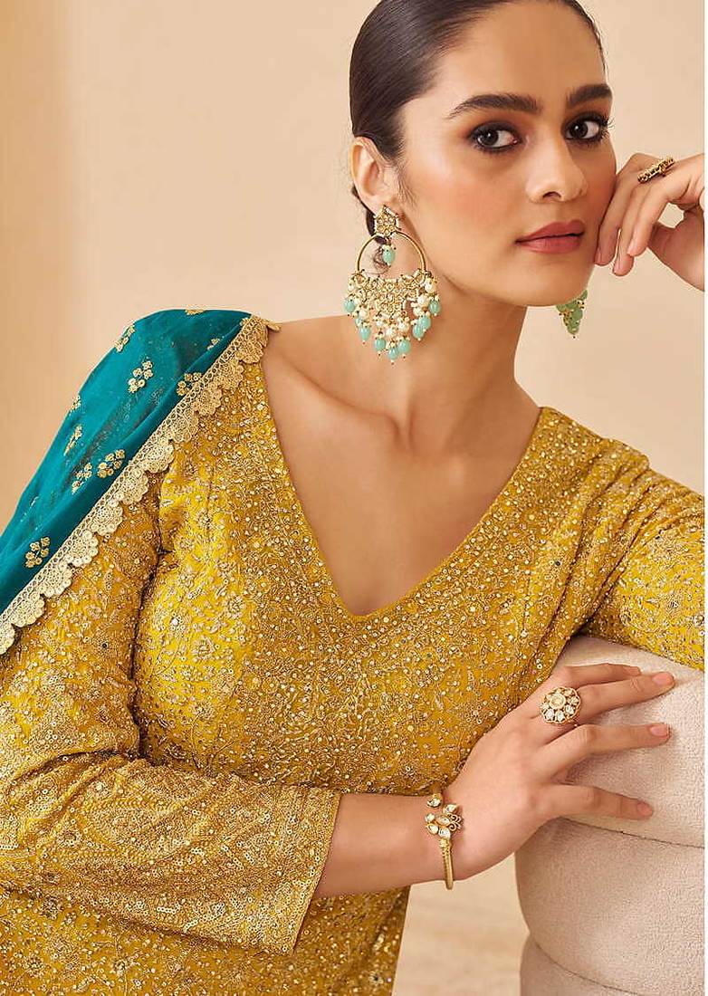Mustard & teal faux georgette readymade palazzo suit