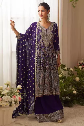 Purple faux georgette readymade palazzo suit