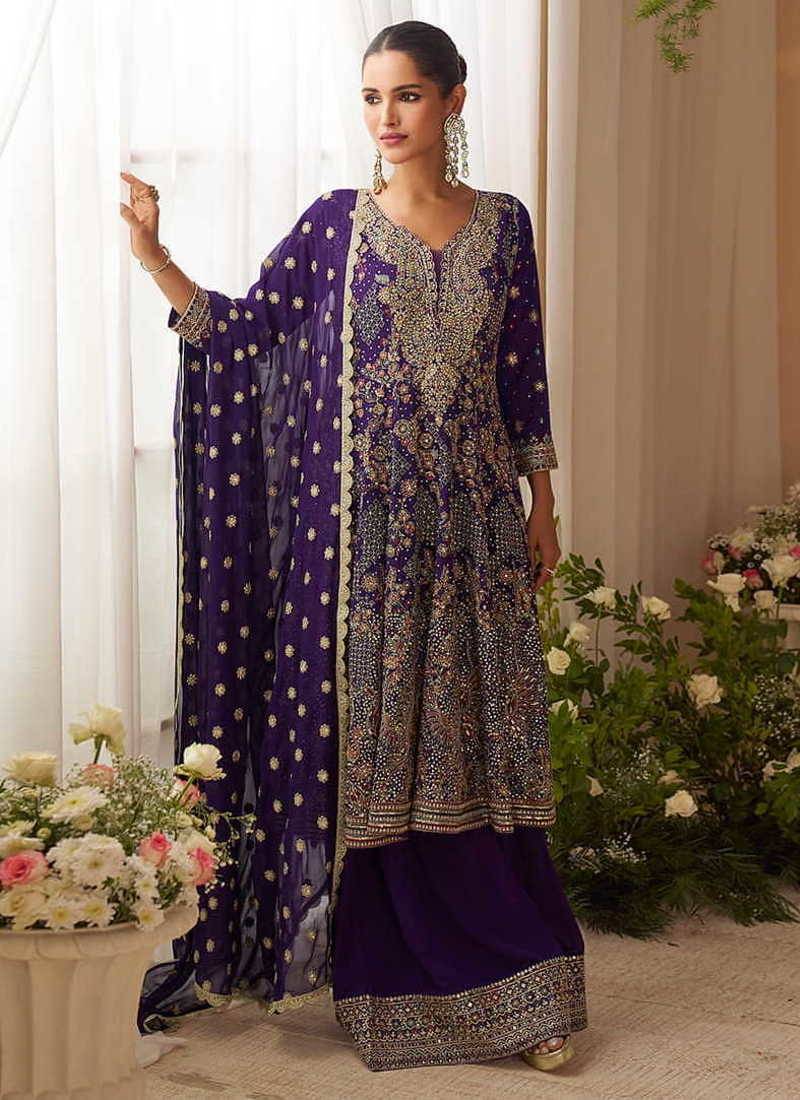 Purple faux georgette readymade palazzo suit