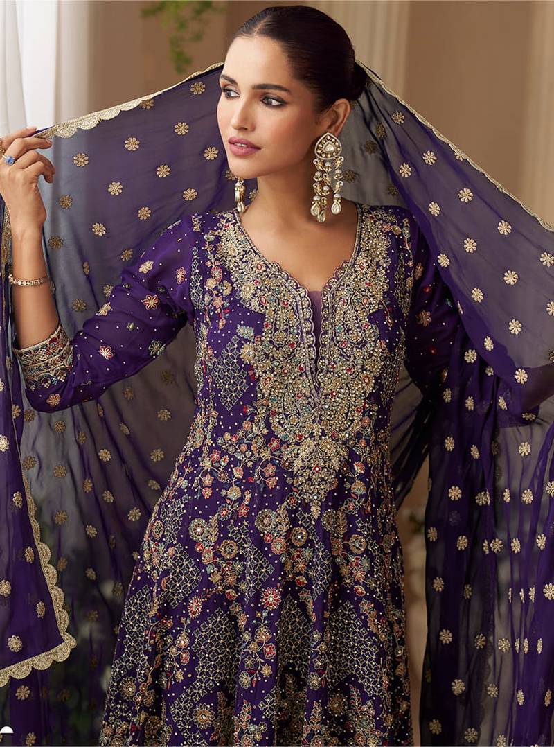 Purple faux georgette readymade palazzo suit
