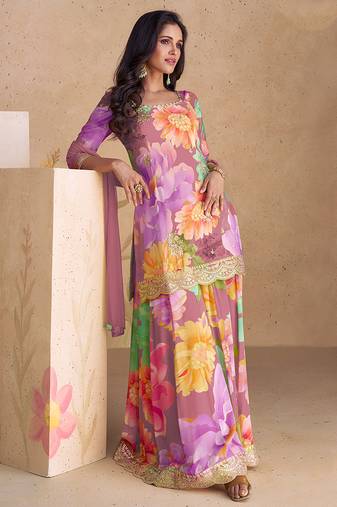 Mauve chinon embroidered readymade salwar kameez