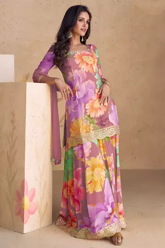 Mauve chinon embroidered readymade salwar kameez