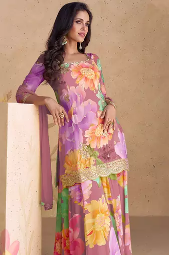 Mauve chinon embroidered readymade salwar kameez