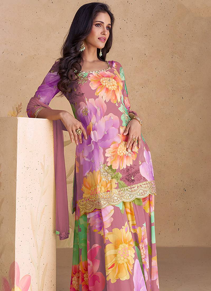 Mauve chinon embroidered readymade salwar kameez