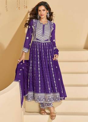 Purple faux georgette embroidered readymade salwar kameez 1
