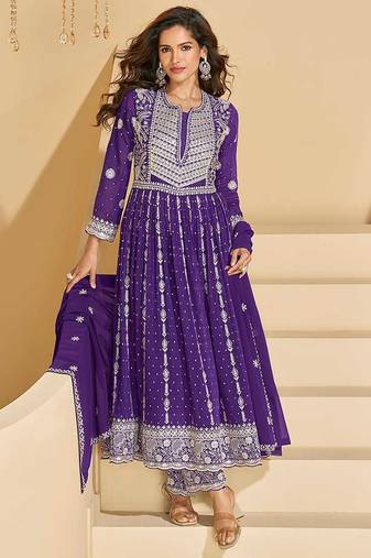 Purple faux georgette embroidered readymade salwar kameez