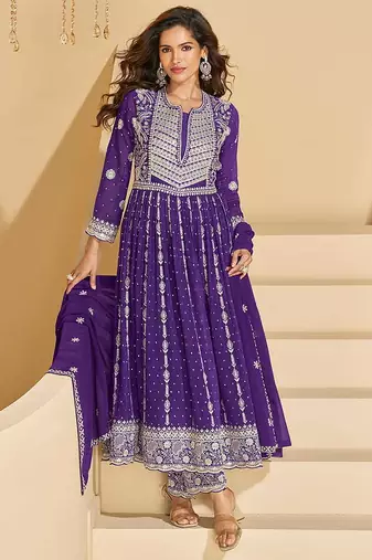Purple faux georgette embroidered readymade salwar kameez