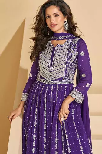 Purple faux georgette embroidered readymade salwar kameez