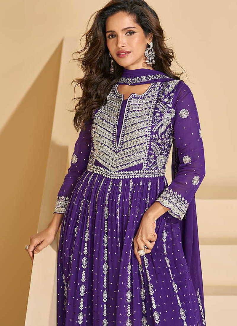 Purple faux georgette embroidered readymade salwar kameez