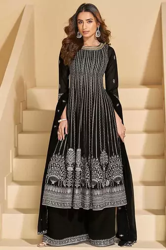 Black faux georgette embroidered readymade salwar kameez