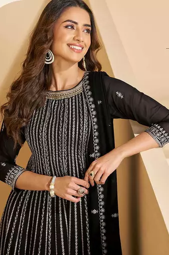 Black faux georgette embroidered readymade salwar kameez