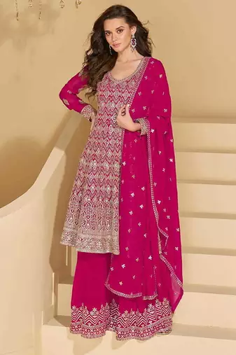 Rani pink faux georgette embroidered readymade salwar kameez