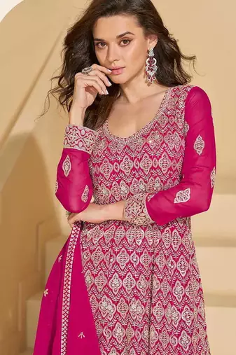 Rani pink faux georgette embroidered readymade salwar kameez