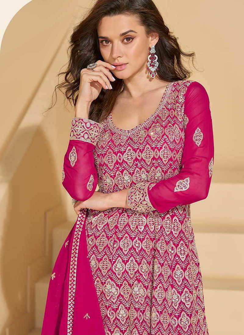 Rani pink faux georgette embroidered readymade salwar kameez