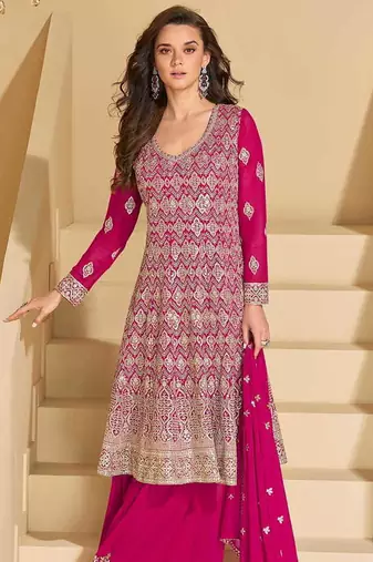 Rani pink faux georgette embroidered readymade salwar kameez
