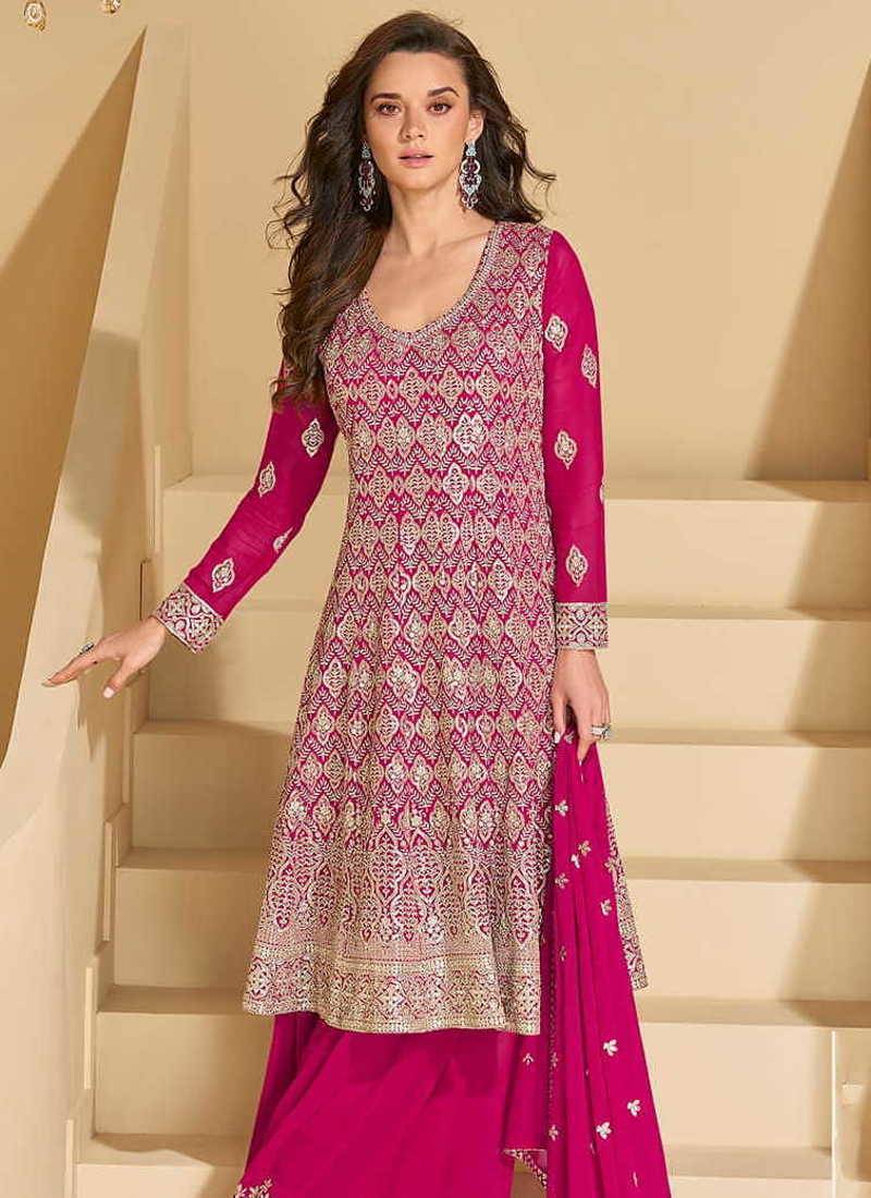Rani pink faux georgette embroidered readymade salwar kameez