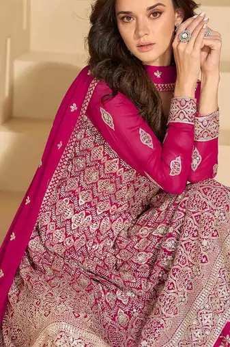 Rani pink faux georgette embroidered readymade salwar kameez