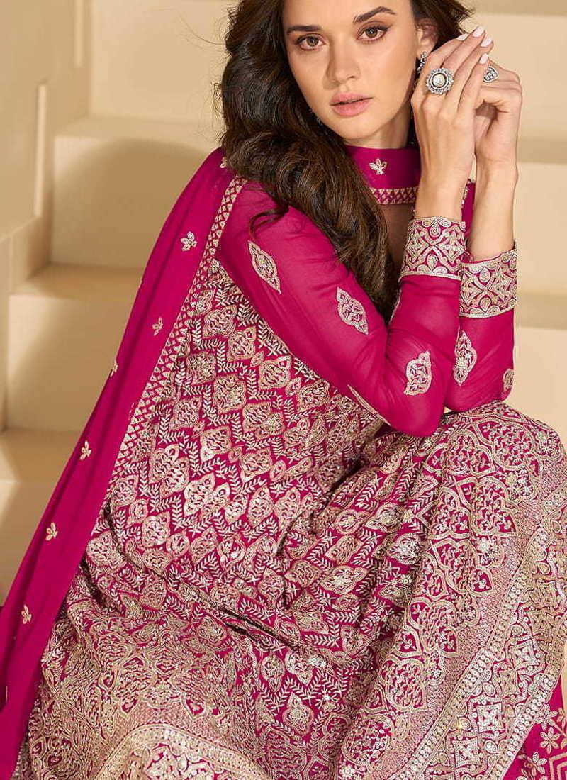 Rani pink faux georgette embroidered readymade salwar kameez